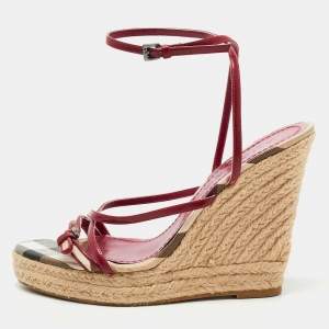 Burberry Pink Patent And House Check Canvas Wedge Espadrille Sandals Size 39