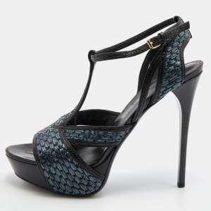 Burberry Black/Green Leather and Woven Raffia T-Strap Platform Sandals Size 40