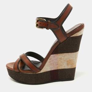Burberry Brown Check Canvas and  Leather Warlow Platform Wedge Sandals Size 37