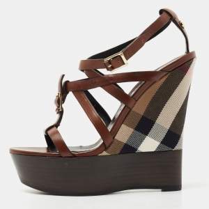 Burberry Brown Leather and Nova Check Wedge Platform Ankle Strap Sandals 37
