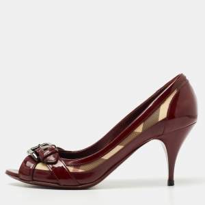 Burberry Burgundy Canvas and Patent Leather Buckle Peep Toe Pumps Size 38