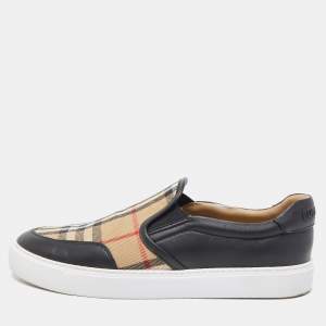 Burberry Beige/Black Nova Check Canvas and Leather Gauden Low Top Sneakers Size 38