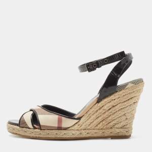 Burberry Black/Beige House Check Leather Espadrilles Wedges Sandals Size 38