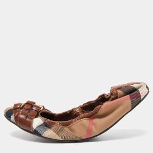 Pre Owned Burberry Brown Leather and Nova Check Canvas Buckle Scrunch Ballet Flats Size 39