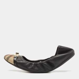 Pre Owned Burberry Black Leather and Nova Check Canvas Cap Toe Scrunch Ballet Flats Size 39.5