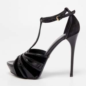 Burberry Black Velvet and Leather T-Strap Platform Sandals Size 39