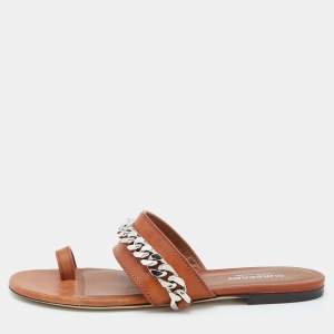 Burberry Brown Leather Heidi Toe Ring Flats Slides Size 37