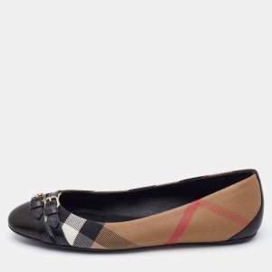 Burberry Beige/Black Nova Check Canvas and Leather Avonwick Buckle Detail Ballet Flats Size 38