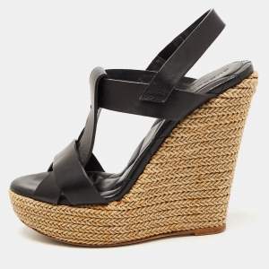 Burberry Black Leather Espadrille Wedge Strappy Sandals Size 39