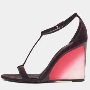 Burberry Plum Suede T Strap Wedge Sandals Size  37