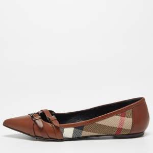 Burberry Brown/Beige House Check Canvas and Leather Buckle Ballet Flats Size 38
