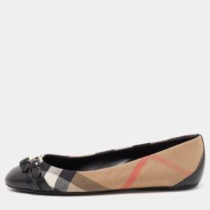 Burberry Brown/Black Nova Check Canvas and Leather Buckle Detail Ballet Flats Size 39.5