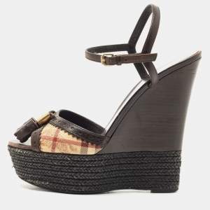 Burberry Brown/Beige Canvas and Leather Espradrills Wedges Sandals Size 37