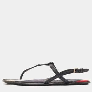Burberry Blue/Black Leather and Check Canvas Thong Ankle Strap Flat Sandals Size 41