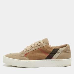 Burberry Beige/Brown House Check Canvas and Leather Low-Top Sneakers Size 37