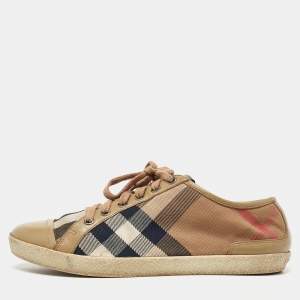 Burberry Brown Leather and Nova Check Canvas Low Top Sneakers Size 38