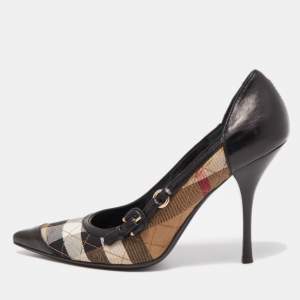 Burberry Black Leather and Nova Check Canvas Pointed Toe Pumps Size 39