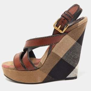 Burberry Brown Canvas and Leather Wedge Sandals Size 38