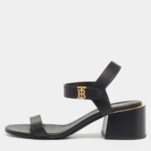 Pre Owned Burberry Black Leather TB Buckle Ankle Strap Block Heel Sandals Size 38