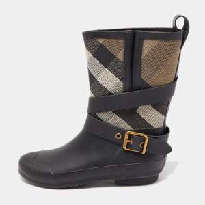 Burberry Black Nova Check Detail Belted Rain Boots Size 35