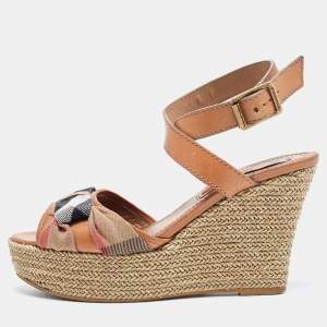 Burberry Brown Leather and Canvas Wedge Espadrilles Ankle Wrap Sandals Size 39.5