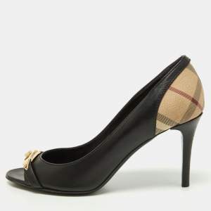 Burberry Black/Beige Leather and Check Coated Canvas Embellished Open Toe Pumps Size 37
