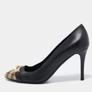 Burberry Black House Check Canvas and Leather Buckle Pumps Size 37
