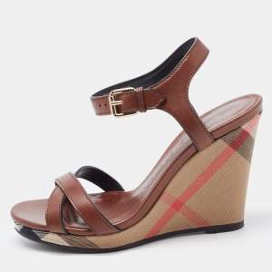 Burberry Brown Canvas and Leather Wedge Sandals Size 37