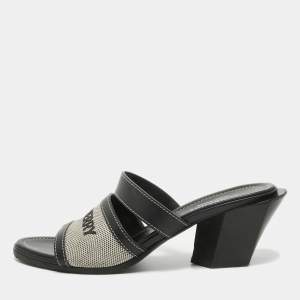 Burberry Black Leather and Canvas Honour Slide Sandals Size 37
