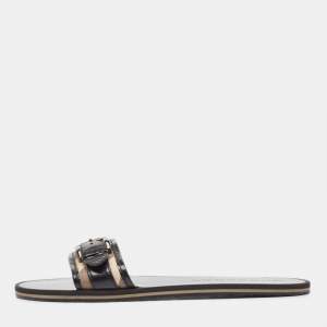 Burberry Black/Beige Patent Leather and Check Canvas Flat Slides Size 40