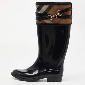 Burberry Black/Beige Patent Leather and House Check Canvas Knee Length Boots Size 35