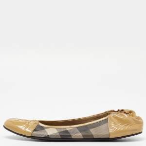 Burberry Beige Patent Leather and Nova Check Coated Canvas Scrunch Ballet Flats Size 39