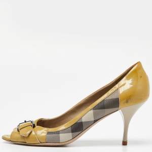 Burberry Grey/Yellow Smoked Check PVC and Patent Leather Embellished Open Toe Pumps Size 39