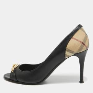 Burberry Black/Beige Leather and Check Coated Canvas Embellished Open Toe Pumps Size 38