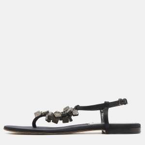 Burberry Black Satin Embellished Thong Flat Sandals Size 39