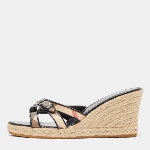 Burberry Beige/Black House Check Canvas and Patent Wedge Sandals Size 40