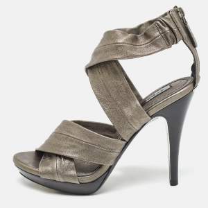 Burberry Grey Leather Platform Ankle Wrap Sandals Size 39