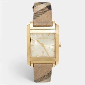 Pre Owned Burberry Champagne Gold Plated Stainless Steel Canvas Nova Check BU1579 Unisex Wristwatch 33 mm