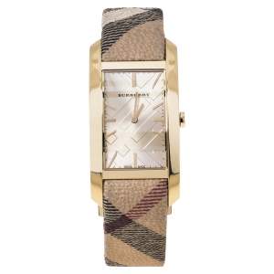 Pre Owned Burberry Beige Gold Plated Stainless Steel Canvas BU9407 Women's Wristwatch 25 mm