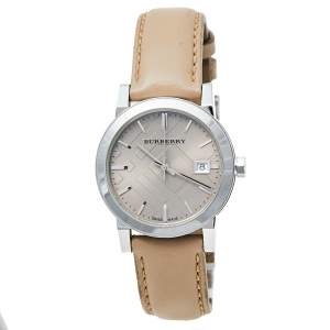 Burberry Beige Stainless Steel Check Dial Leather BU9107 Women's Wristwatch 34 mm 