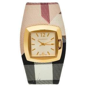 Pre Owned Burberry Gold Tone Stainless Steel Check Leather BU4051 Women's Wristwatch 33.5 mm