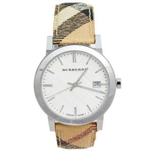 Burberry Silver Stainless Steel Leather Heritage BU9025 Women's Wristwatch 38 mm