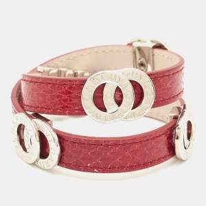 Bvlgari Double Coiled Red Snakeskin Leather Silver Tone Wrap Bracelet