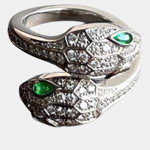 Pre Owned BVLGARI Serpenti Collection Double Snake Head White Gold Emerald Ring Size 52