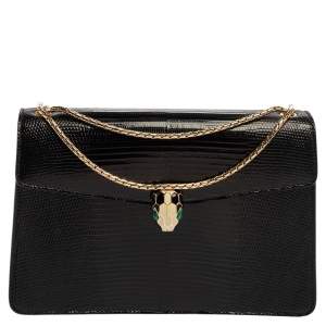 Pre Owned Bvlgari Black Lizard Skin Medium Serpenti Flap Shoulder Bag