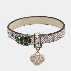 Bvlgari Serpenti Forever Leather Heart Charm Enamel Gold Tone Bracelet