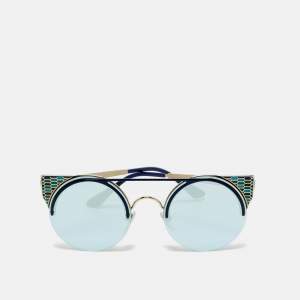 Pre Owned Bvlgari Blue/Gold Tone Mirrored 6088 Serpenti Frame Round Sunglasses