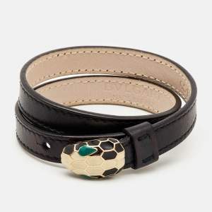 Pre Owned Bvlgari Serpenti Forever Black Leather Enamel Gold Tone  Wrap Bracelet