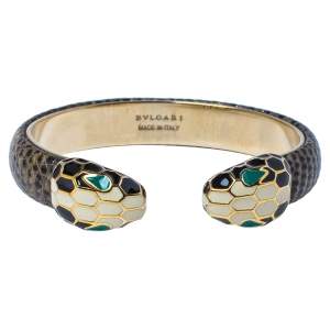 Bvlgari Serpenti Forever Brown Lizard Skin Gold Plated Open Cuff Bracelet 