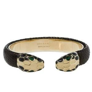 Bvlgari Serpenti Forever Metallic Brown Embossed Leather Open Cuff Bracelet